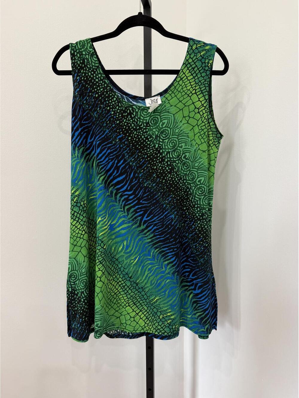 Jostar Sleeveless Green and Blue Patterned Tank Top Large
